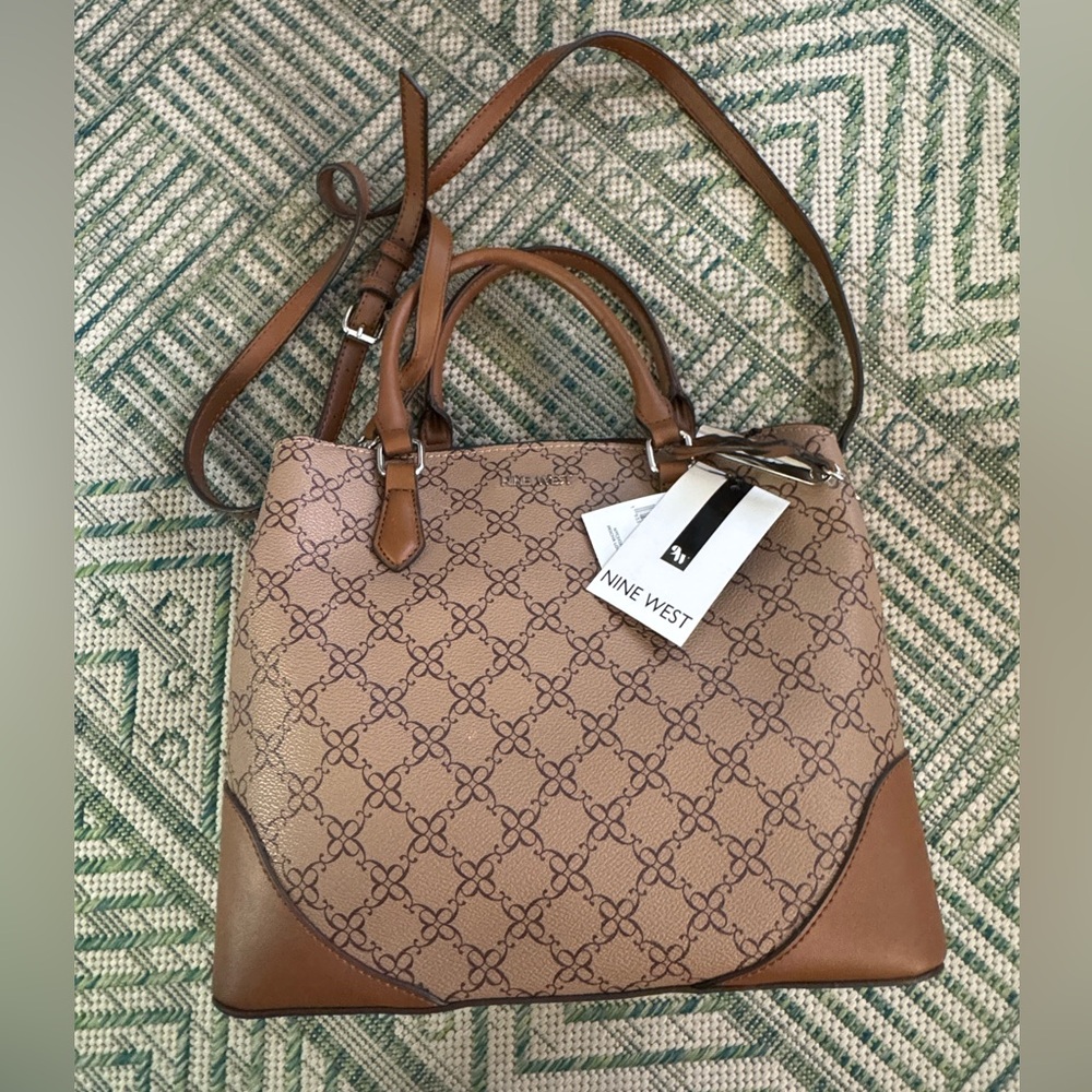 Nine West Caitryn Mocha Logo Large Crossbody Bag Faux Leather NWT Fall Fashion